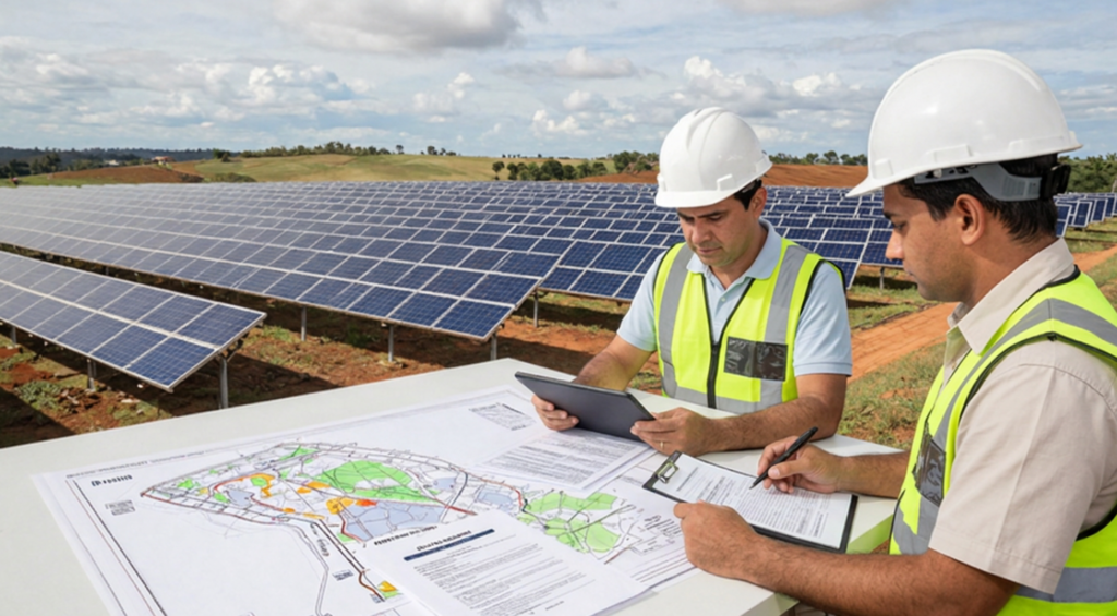 Dois homens analisam documentos de uma usina solar fotovoltaica, representando o planejamento jurídico e tributário de projetos de geração distribuída.