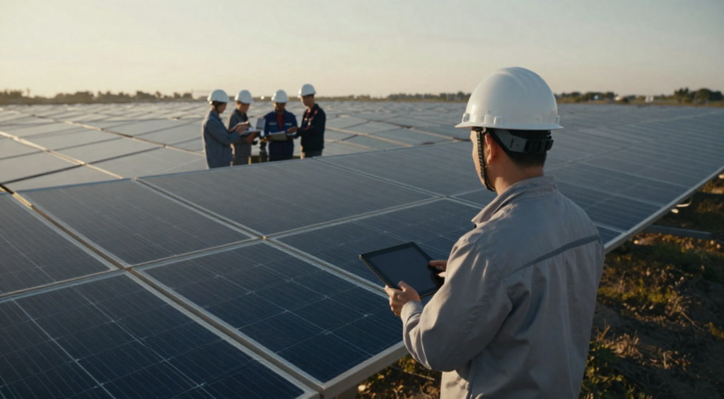 Técnico realiza inspeção em uma usina de geração distribuída com painéis solares, representando a fiscalização e a conformidade regulatória no setor elétrico.