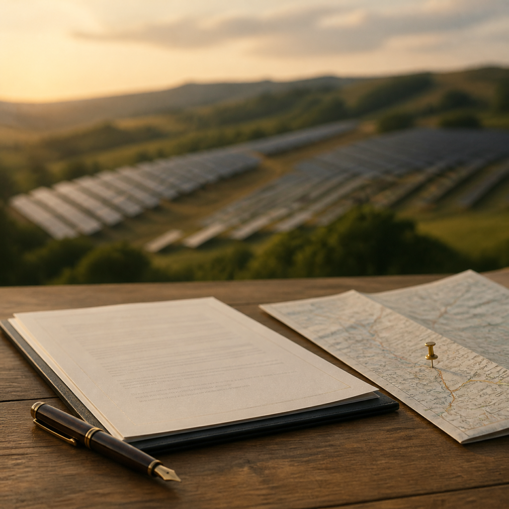 Contrato e mapa com cidade marcada diante de usina solar, ilustrando a cláusula de eleição de foro em contratos de energia
